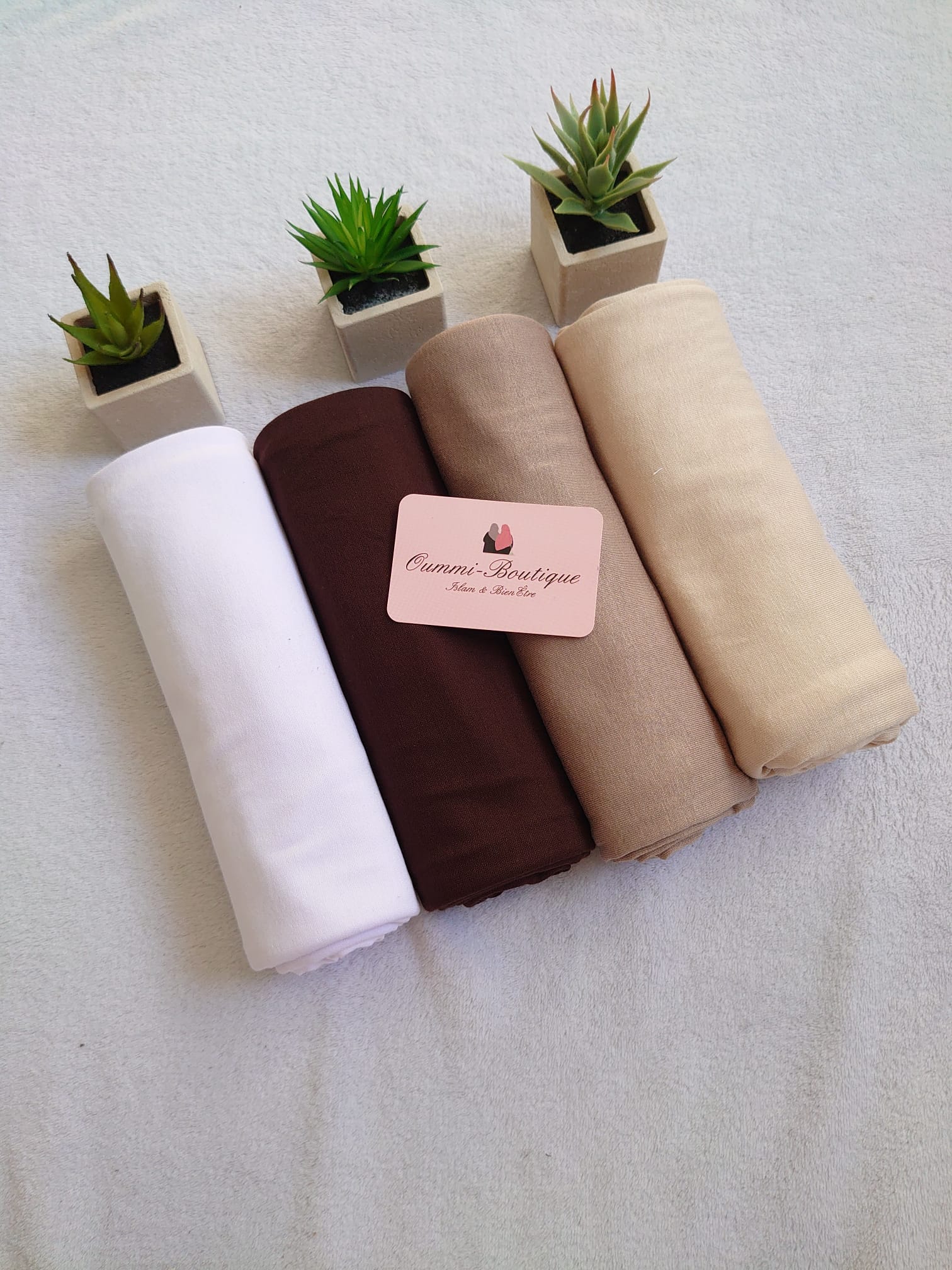 BOX Chocolat Hijab JERSEY Blanc Marron Fonce Marron Claire Beige